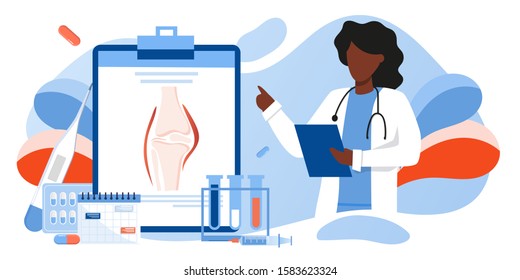 Doctors research human bones. Joint knee part pain. Human anatomy health care medical concept. World arthritis day in October, Osteoporosis banner. Orthopedics doctor. For landing page, banner