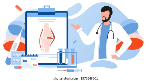 Os médicos pesquisam ossos humanos, articulações. Dor nas articulações do joelho. Conceito médico de saúde de anatomia humana. Dia Mundial da Artrite em outubro, banner da osteoporose. Médico ortopedista. Para página de destino, banner