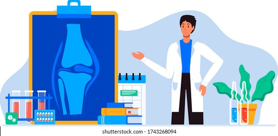 Doctors research human bones, joints. Joint knee part pain. Human anatomy healthcare. World arthritis day in October, Osteoporosis banner. Orthopedics doctor. For landing page, banner. X-ray screen