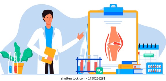 Doctors research human bones, joints. Joint knee part pain. Human anatomy healthcare medical concept. World arthritis day in October, Osteoporosis banner. Orthopedics doctor. For landing page, banner