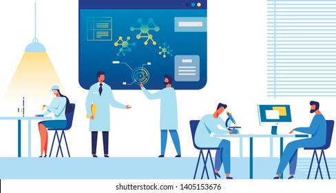 Doctors And Researchers Team Works At Research Center Or Laboratory. Female And Male Medical Experts And Scientist Study, Discuss, Analyze. Nanomedicine And Nanotechnology Flat Vector Illustration