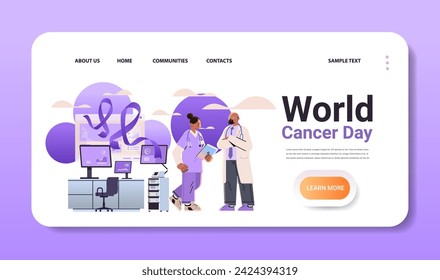 doctors or researchers in uniform working in lab with purple ribbon world cancer day breast disease awareness prevention poster