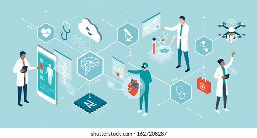 Doctors and researchers using innovative technologies for medicine and healthcare: artificial intelligence, virtual reality, drones, stem cells and digital organs - Shutterstock ID 1627208287