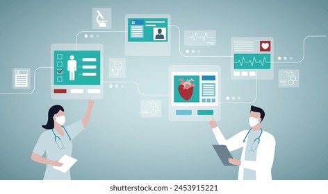 Doctors and researchers using innovative technologies for medicine and healthcare: artificial intelligence, virtual reality, drones, stem cells and digital organs