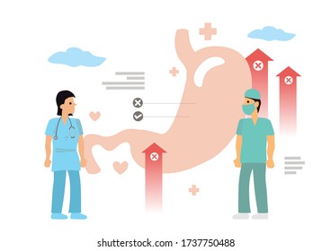 Doctors researches stomach healthcare medical. Disorder, liquid nausea, gastric acid, diagnosis treatment concept. Flat cartoon character vector illustration.