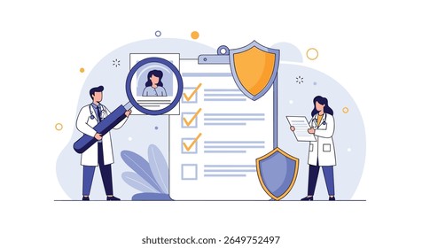 Doctors review medical checklist with patient profile and protective shield signifying health security and insurance coverage details