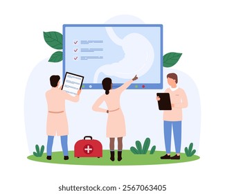 Doctors reviewing endoscopy images on a large screen, discussing findings and patient care plans in a clinical environment, vector illustration.