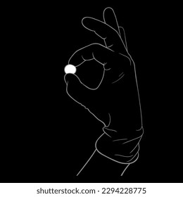 The doctor's right hand in a medical rubber glove holds a white pill with two fingers in the form of an OK symbol. Black background, copy space. Treatment concept. Vector image, EPS 10. Line drawing