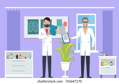 Doctors at room, specialist with notebook talking to new doc, room with x-rays and medical bottles, window and plant on vector illustration