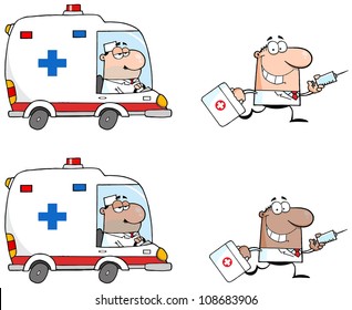 Doctors Running With A Syringe And Bag From Ambulance .Vector Collection
