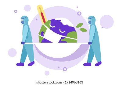 Los médicos salvan el planeta. Planeta Tierra en una camilla con termómetro. Ilustración plana vectorial.