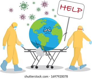 doctors save the world. The globe asks for help. save our house. help the earth. Earth Day. World infection. World pandemic.