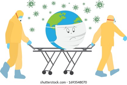 doctors save world. Doctors transport an infected globe. World pandemic. The masked world. planet earth in medical mask. global infection. World-wide danger. Saving the planet. rescue doctors.