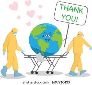 Doctors saved the planet. Planet earth with a poster. The globe holds a tablet. The globe is joyful. Earth Day. the saved world thanks. Save our house