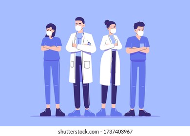 Doctors saving lives concept. Doctors, nurses and medical personnel staff for fighting the coronavirus and saving lives. Life savers and heros. Confidence. Modern isolated flat vector illustration