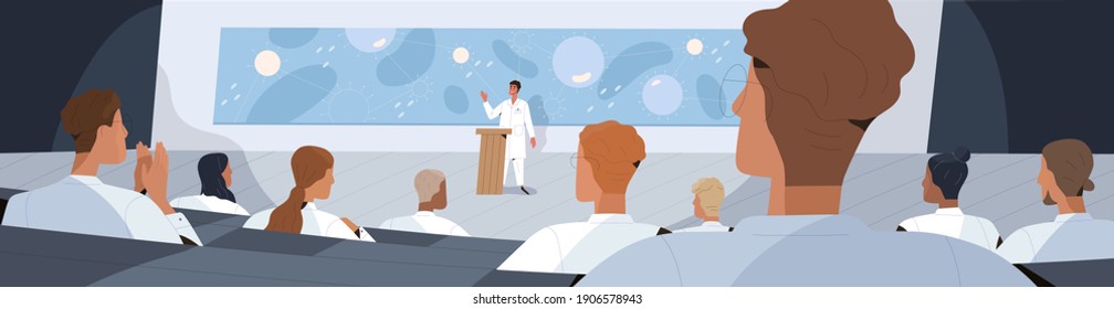 Doctors and scientists listening to speaker at medical conference. Professor of medicine lecturing or presenting scientific research. Colored flat vector illustration of audience at symposium hall