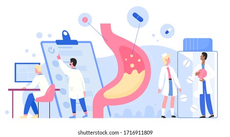 Doctors scientists people in laboratory researches stomach healthcare medical concept flat vector illustration. Disorder, gastric acid, liquid nausea, gastritis, determine diagnosis disease treatment