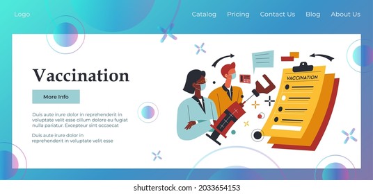 Doctors and scientists reading instructions on vaccination and immunization process for people. Clinic or hospital curing from covid 19. Website or webpage template, landing page flat vector