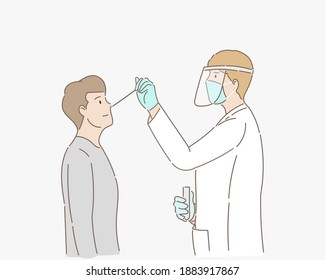 Doctors or scientists are testing the coronavirus or COVID-19. From infected people or sick people. Healthcare concept. Epidemic. Hand draw style. Vector illustration.