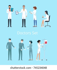Doctors set of icons, man reading results of analysis, nurse with drop-bottle, woman sitting on chair and surgeons operating vector illustration