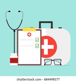 Doctor's set, medical kit. Glasses, stethoscope, packing of tablets. Flat design, vector illustration, vector.
