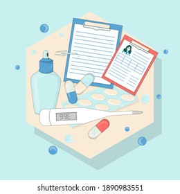 Doctor's set Pills, balloon, thermometer, spray, booklet, instruction. Vector illustration for medical design.