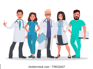 Doctors set. Team of medical workers on a white background. Hospital staff. Medical concept illustration. Vector illustration in flat style. 