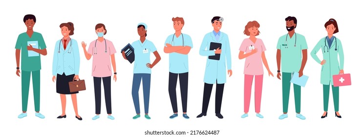 Doctors set vector illustration. Cartoon isolated professional hospital team with nurse character, surgeon and physician with stethoscope, optometrist and ambulance staff, workers of medical service