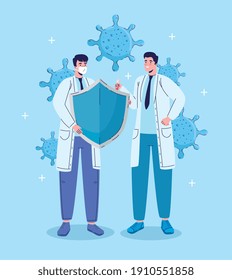 doctors with shield and covid19 virus particles vector illustration design