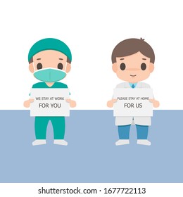 Médicos con un cartel para detener a Coronavirus que piden quedarse en casa.