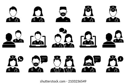 Doctors Silhouette Icon Set. Medic Specialists and Patient Consultation Black Pictogram. Online Medical Support Icon. Medicine Info Speech Bubble. Isolated Vector Illustration.