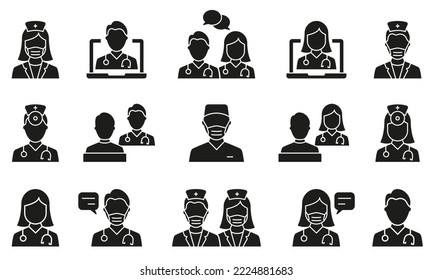 Doctors Silhouette Icon Set. Medic Specialists and Patient Consultation Black Pictogram. Online Medical Support Icon. Medicine Info Speech Bubble. Isolated Vector Illustration.