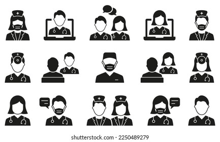 Doctors Silhouette Icon Set. Medic Specialists and Patient Consultation Black Pictogram. Online Medical Support Icon. Medicine Info Speech Bubble. Isolated Vector Illustration.