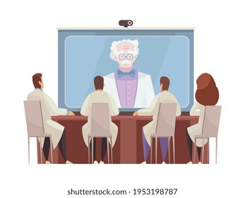 Doctores sentados alrededor de la mesa escuchando la conferencia médica en línea caricatura ilustración vectorial