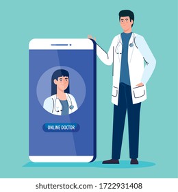 doctors and smartphone with app of medicine online vector illustration design