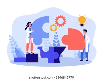 Doctors solving puzzle of human head vector illustration. People controlling emotions and thoughts, fixing habits and improving mental health. Emotional intelligence, psychology concept