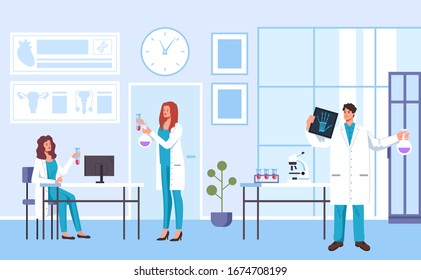 Doctors specialist scientists character working. Medical laboratory concept. Vector flat graphic design illustration