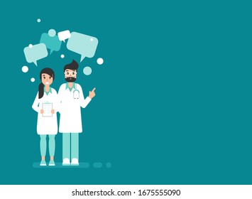 Doctors with speech chat bubbles on blue background. Medical internet consultation.  Healthcare consulting web service.  Hospital support online. Computer doctor. Ask doctor. Vector flat illustration