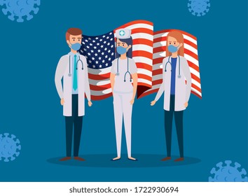 doctors staff with usa flag and covid19 particles vector illustration design