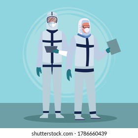 doctors staff wearing medical biohazard suits equipment vector illustration design