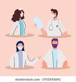 doctors staff wearing medical masks characters vector illustration design