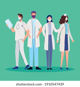 doctors staff wearing medical masks standing characters vector illustration design