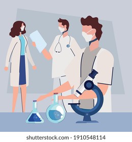 Doctors Staff Wearing Medical Masks And Laboratory Icons Vector Illustration Design