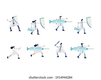 doctors staff wearing medical masks with vaccine covid19 set icons vector illustration design