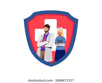 Os médicos ficam atrás de um símbolo de escudo para cobertura de saúde. Ilustração de assistência médica