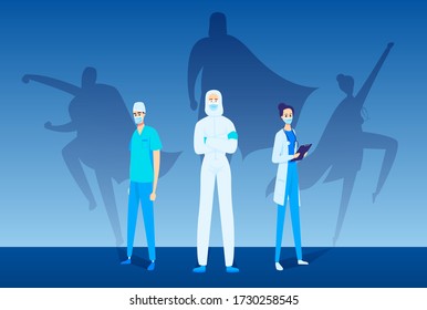 Ärzte stehen vorne. Superhelden schatten an der Wand dahinter. Vektor-Zeichen im flachen Stil