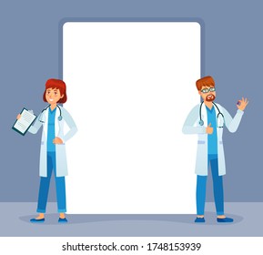 Doctors stand near banner. Physician medic professional woman and man with epmty banner for message. Vector illustration