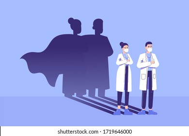 Doctors standing confidently and superhero shadow appears behind on the wall. Saving life medical concept. Fighting against coronavirus pandemic. Epidemic. Strong. Brave. Courage. Vector illustration