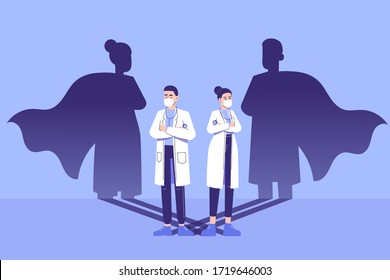 Doctors standing confidently and superhero shadow appears behind on the wall. Fighting against coronavirus pandemic. Epidemic. Saving life medical concept. Strong. Courage. Brave. Vector illustration