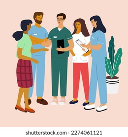 Doctors are standing and discussing about diagnosis. Medical team concilium concept. Knowledge and experience sharing with nurses. Flat vector illustration.